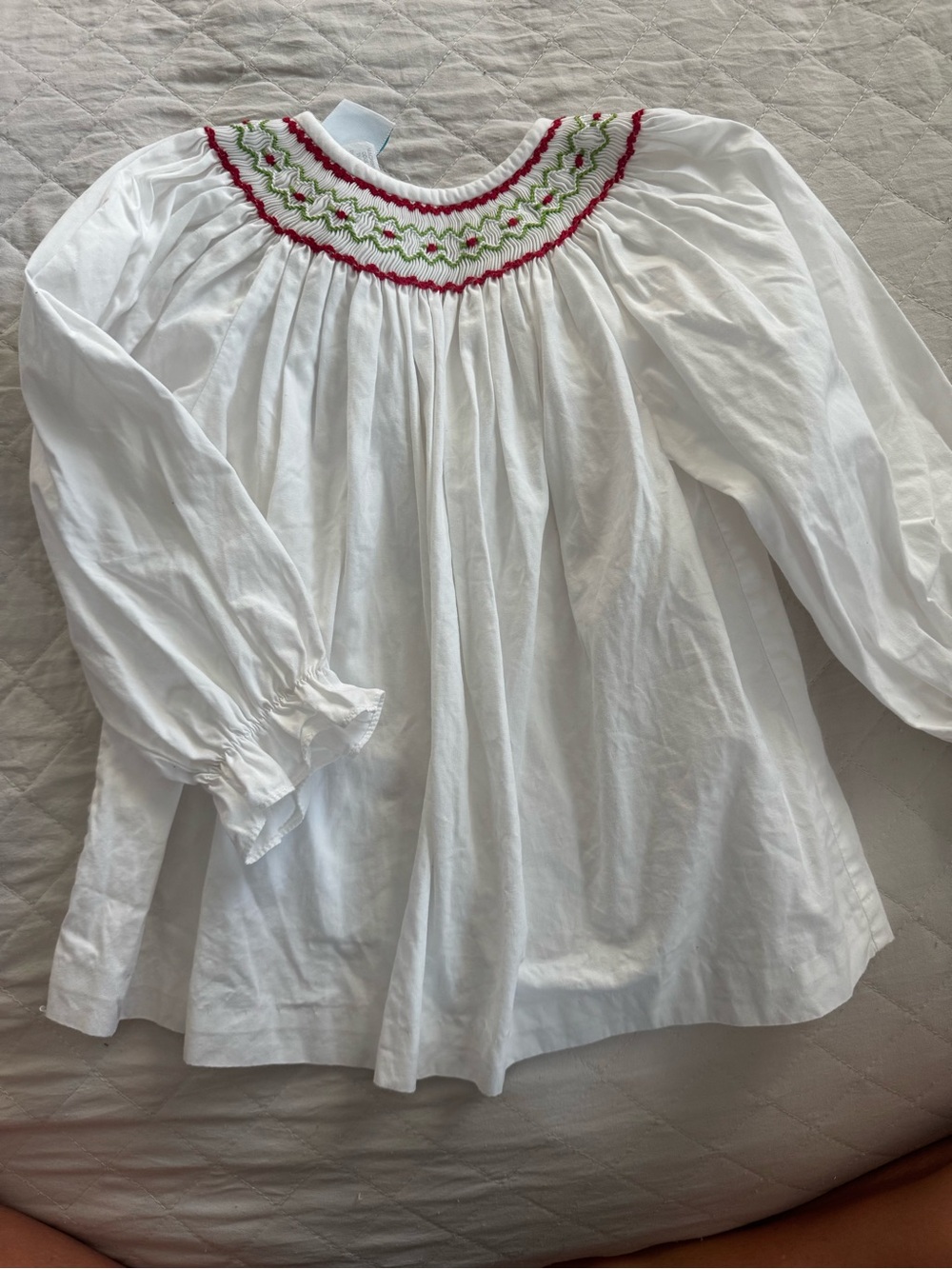 White Smocked Long-Sleeve Peasant Top with Pink & Green Trim - Kids
